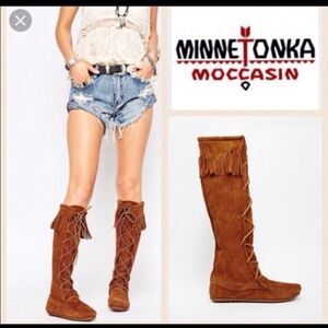 Minnetonka Vintage Fringe Tall Lace Boots Suede 10 Knee High Native Brown Tan